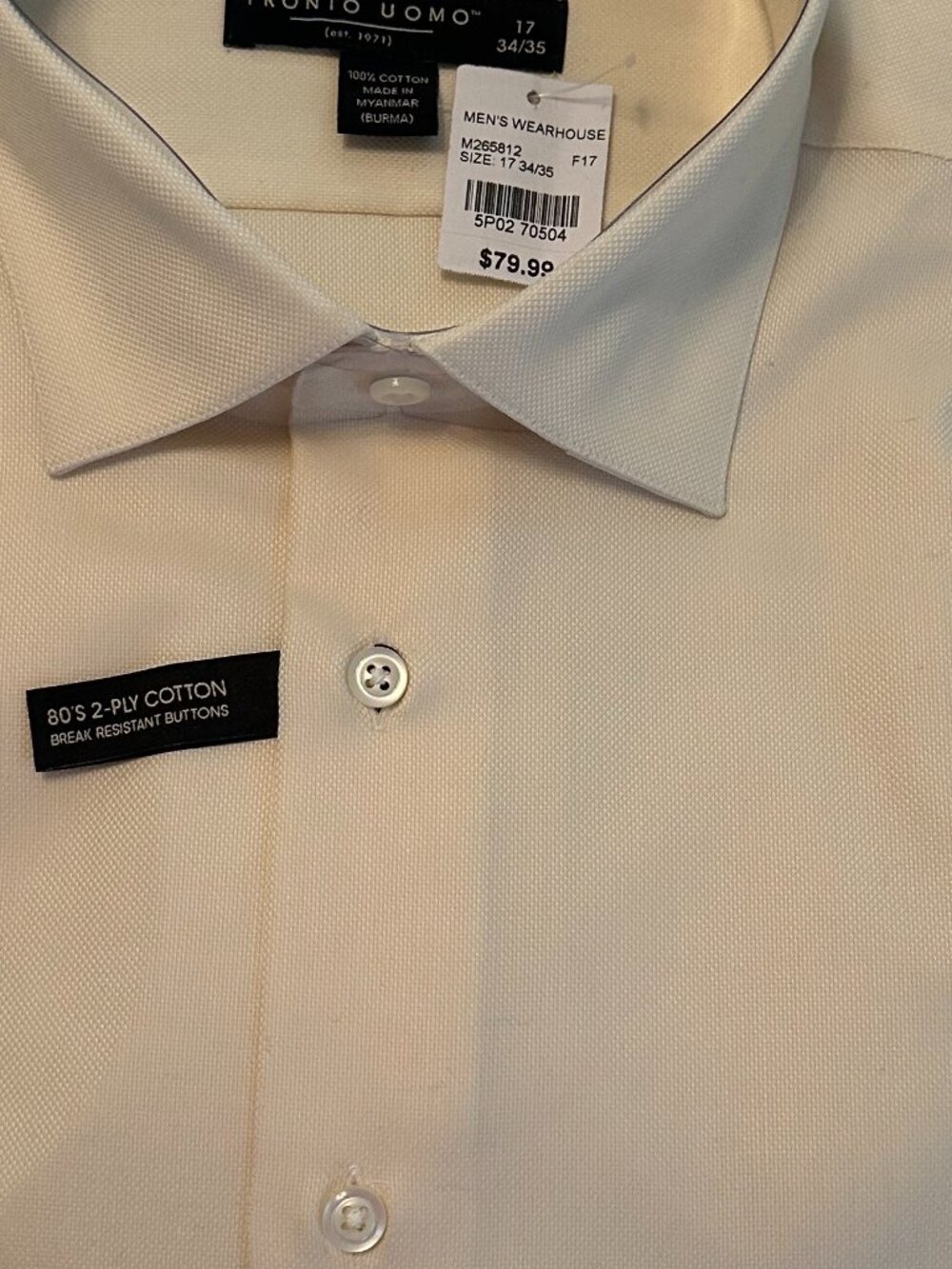 Pronto Uomo Mens Cream Button Down Long Sleeve Shirt Size 17 34/35